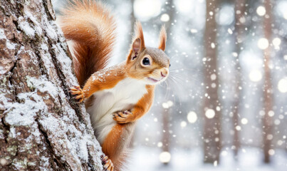 A red squirrel standing on a snow-covered tree stump. The background is a winter forest with sunlight shining through the trees on the squirrels, creating a warm and tranquil feel