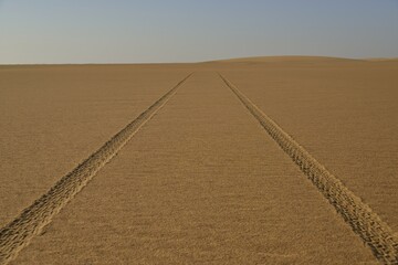 Car tracks in the sand in the Nubian Desert in Dongola, Northern, Nubia, Sudan, Africa