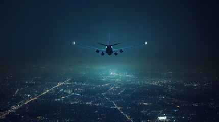 Naklejka premium Airplane travel theme with blurred city lights at night