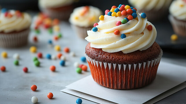 Colorful cupcakes topped with creamy frosting and sprinkles on a table during a festive gathering. Generative AI - Powered by Adobe