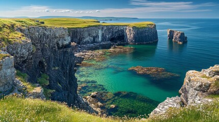 Obraz premium A panoramic view of a summer coastline with rugged cliffs and crystal-clear water, perfect for adventure travel,