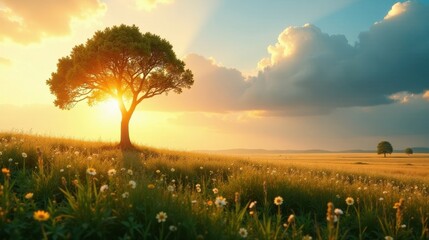 Fototapeta premium Golden Hour Serenity A solitary tree stands silhouetted against a vibrant sunset, wildflowers dotting the tranquil landscape, creating a picturesque scene of nature's beauty.
