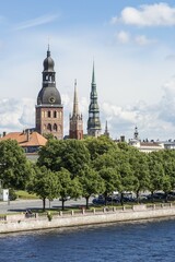 Historic centre with the banks of the Daugava river or Western Dvina, Riga Cathedral and St. Peter's Church, Riga, Latvia, Europe