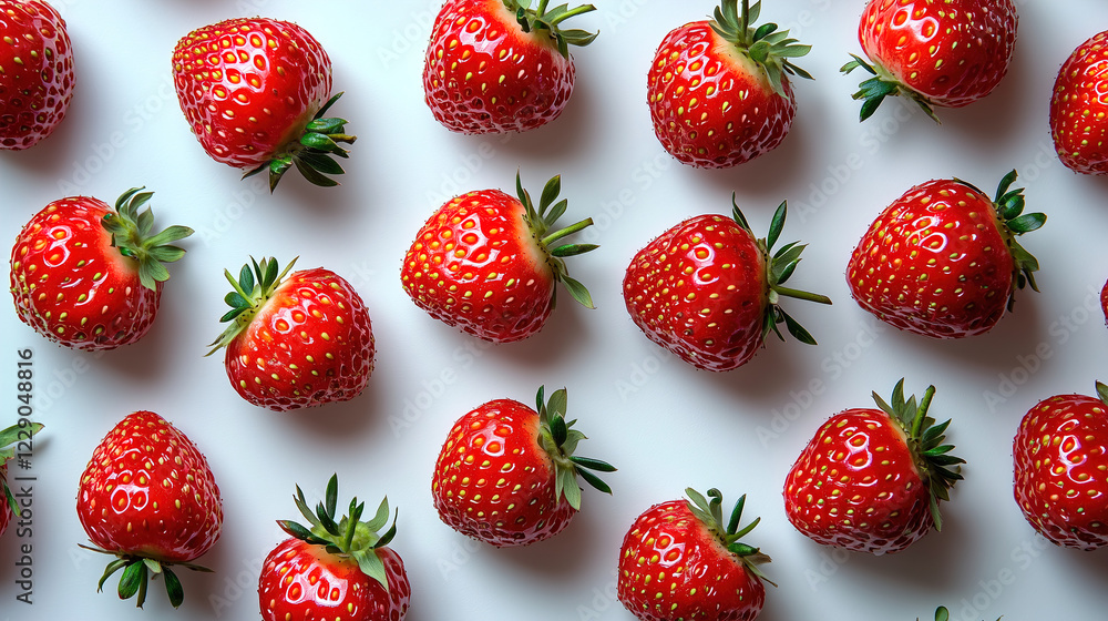 Poster fresh red strawberries arranged neatly on a white background for a vibrant summer display. generativ