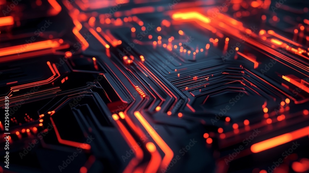 Poster captivating close-up view of an electric circuit board with glowing red lines. this abstract image s