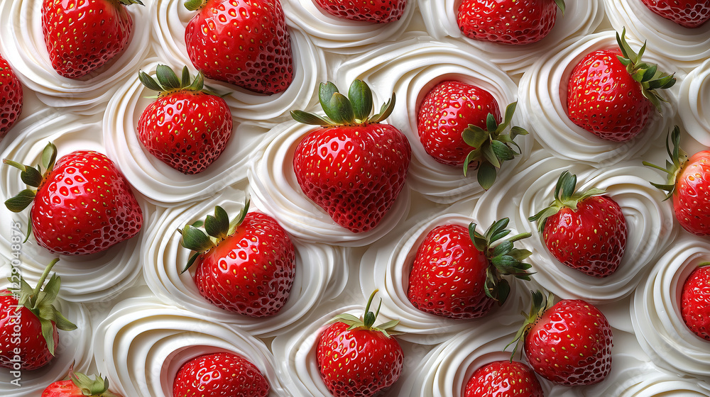 Poster fresh strawberries arranged on a bed of whipped cream creating a visually appealing dessert display.
