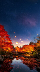 Naklejka premium Autumn Night Lanterns Over a Japanese Garden Bridge