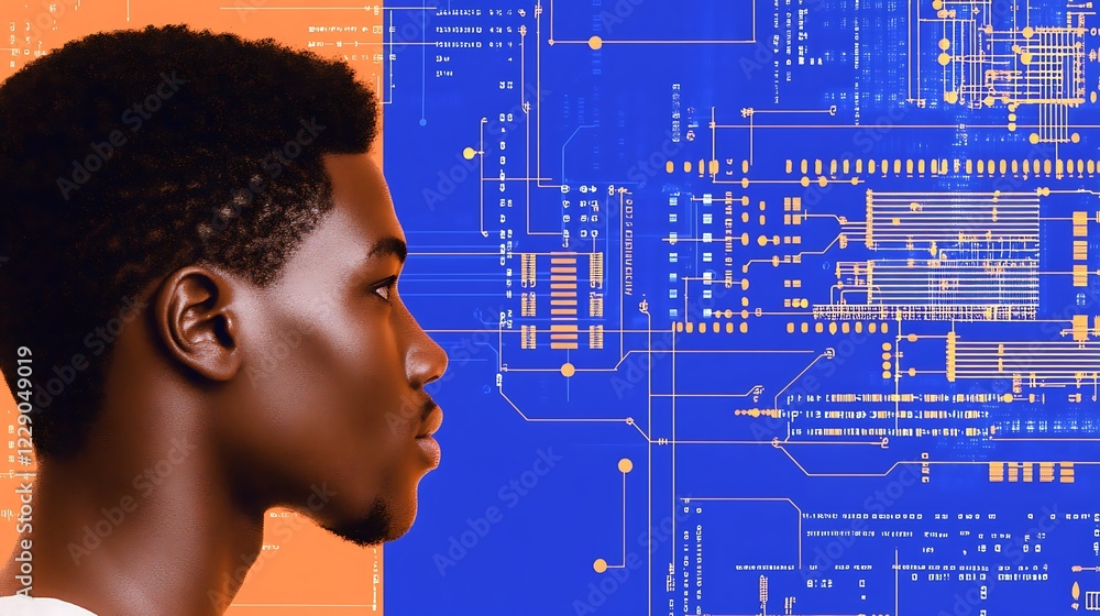 Poster exploring the intersection of technology and human identity in a digital age