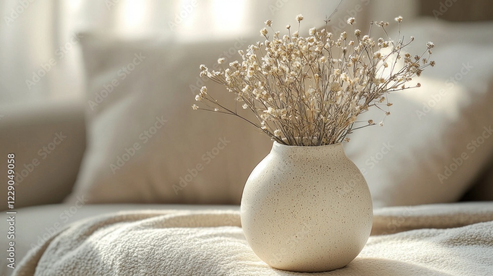 Poster a minimalist coffee table is enhanced by a simple, elegant vase holding delicate dried flowers. soft