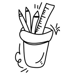 Line art drawing of a pencil holder with pencils and a ruler, symbolizing school supplies, learning, and creativity. Perfect for back to school
