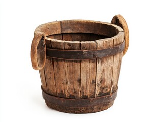 Obraz premium Rustic wooden bucket with metal bands and wooden handles, isolated on white.