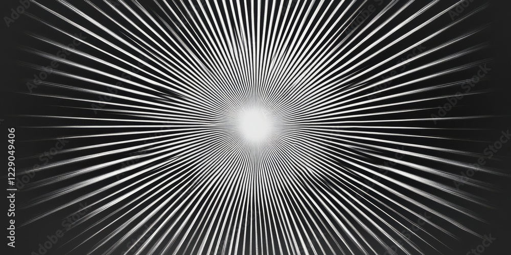 Poster dynamic black and white radial burst pattern with converging lines forming an optical illusion, perf