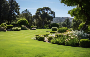 Fototapeta premium A beautiful garden filled with flowers and trees.