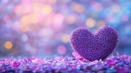 Obraz premium A heart-shaped decoration crafted from purple crystals is positioned on a soft surface adorned with pink flower petals. The background features a bokeh effect, creating a serene ambiance.
