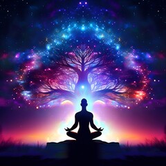 Digital Art painting abstract A person meditating under abstract tree colorful background, illustration design.
