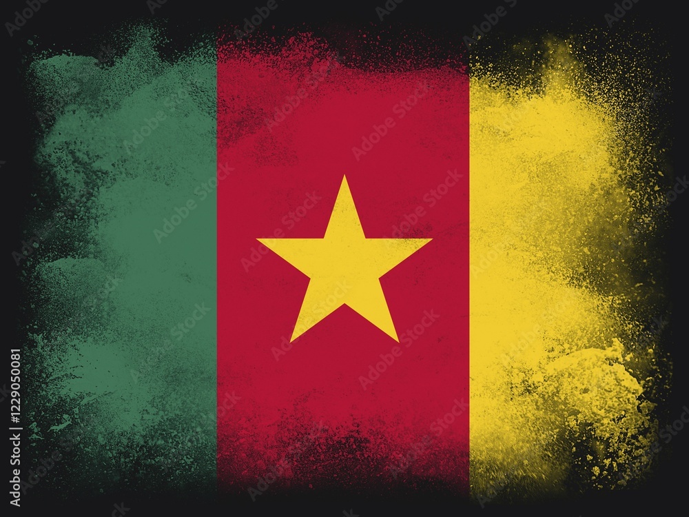 Poster cameroon flag design composition of exploding powder and paint, isolated on a black background for c