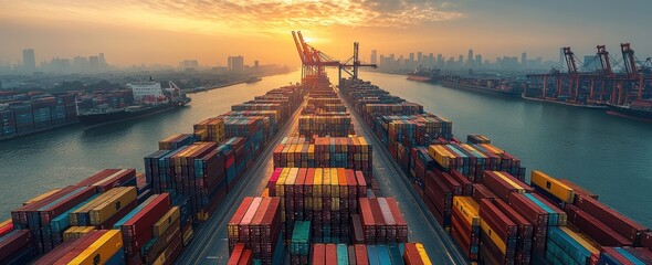 Cargo ship at port during sunrise  
