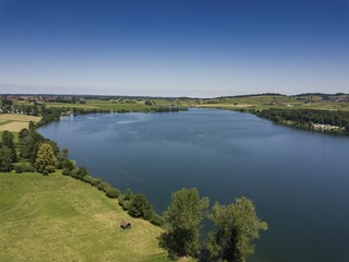Aerial view, Riegsee, Blue Land, Bavaria, Germany, Europe