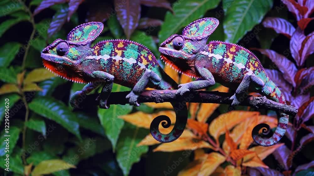 Poster a pair of chameleons facing each other on a single branch, both changing colors to match the vibrant