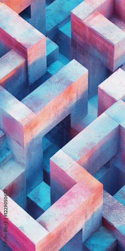 Poster blue and pink image of a maze with a white and blue square in the middle. the maze is made up of blo