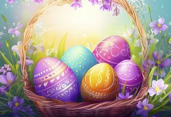 Abstract illustration of of vibrant-colored Easter eggs in a wicker basket, surrounded by delicate spring flowers, AI generated