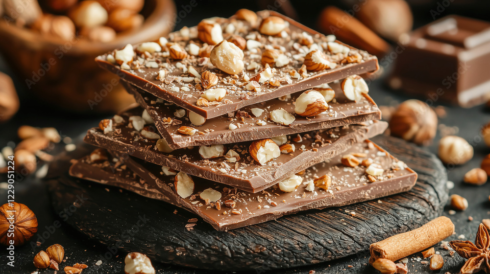 Poster chocolate bars stacked with nuts and spices on rustic background showcasing delicious treats. genera