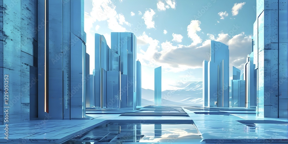 Poster cyan toned minimalist architecture in 3d render against surreal backdrop, ai generated