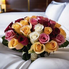 Fototapeta premium Multicolored bouquet of roses on a cozy bed in a romantically lit bedroom, AI generated
