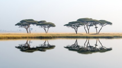 Naklejka premium Tranquil sunrise reflection of acacia trees in calm water.