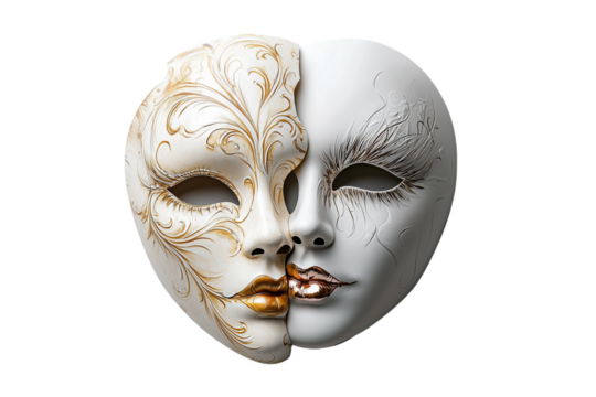 Intricate design of a romantic-themed half mask illustrating the duality of love, ideal for masquerade events and theatrical performances in vibrant festivities