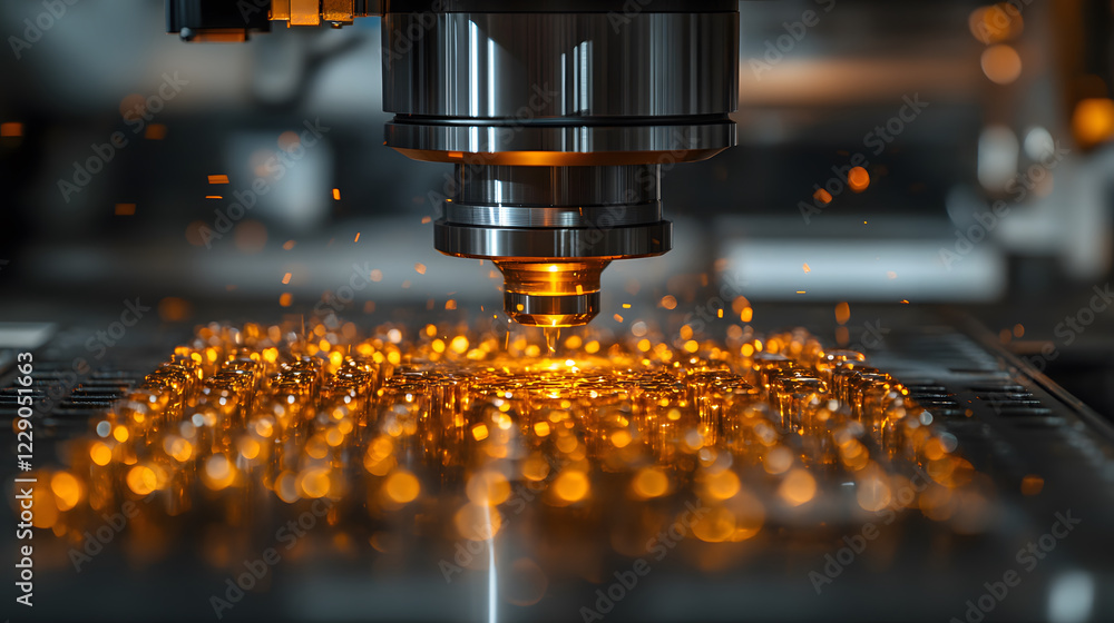 Poster Close-up of a high-tech milling machine cutting metal, creating sparks and intricate patterns on the surface