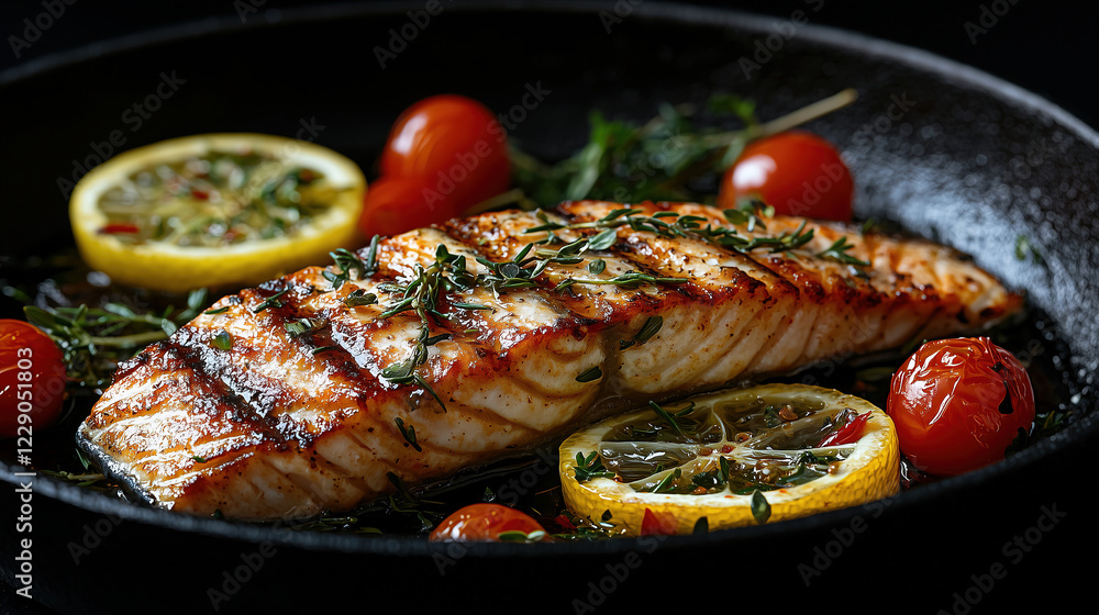 Poster Grilled salmon fillet served with fresh tomatoes and lemon slices on a dark background. Generative AI