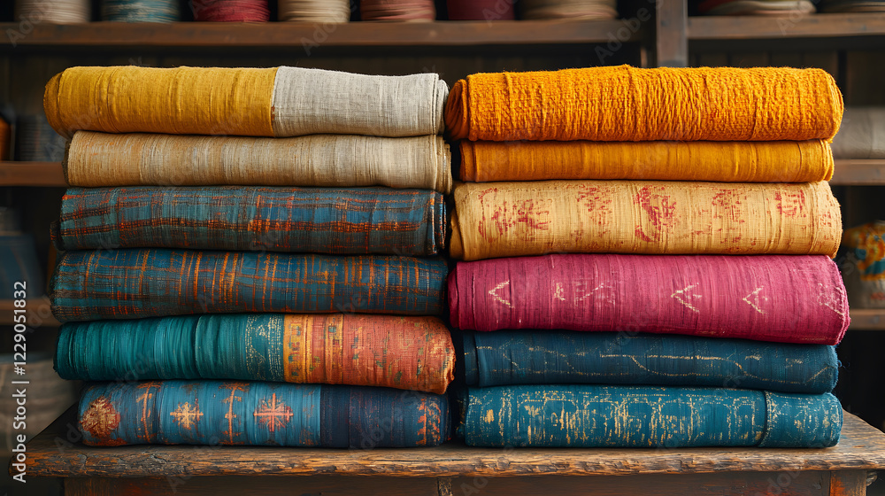 Poster stacked rolls of colorful fabric in various textures, showcasing rich hues and intricate patterns, a