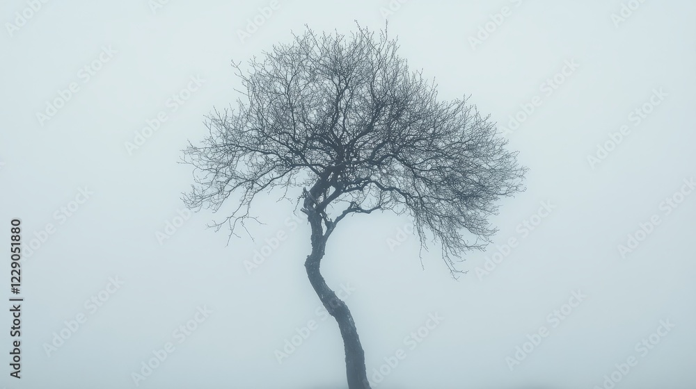 Poster a tree with no leaves is standing in the fog. the tree is tall and thin. the sky is cloudy and gray