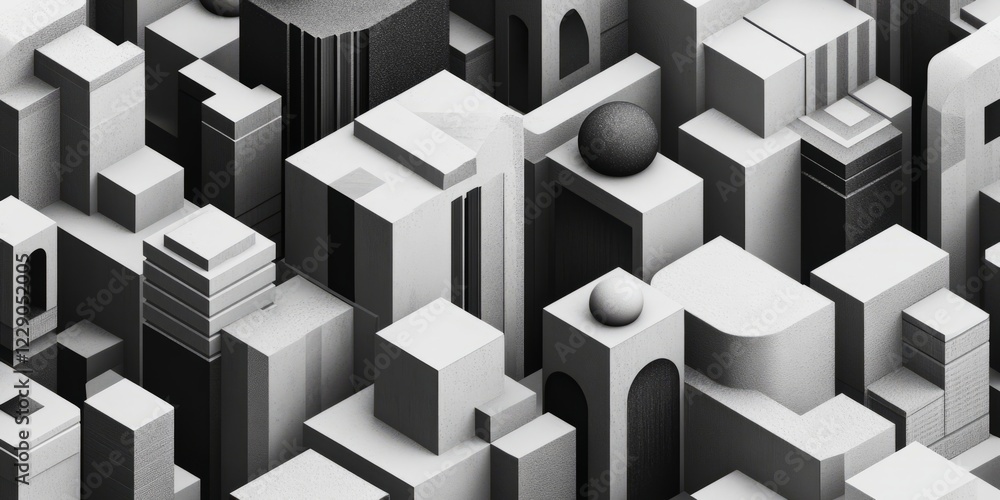 Poster cityscape of buildings with a large round object in the middle. the buildings are all different shap