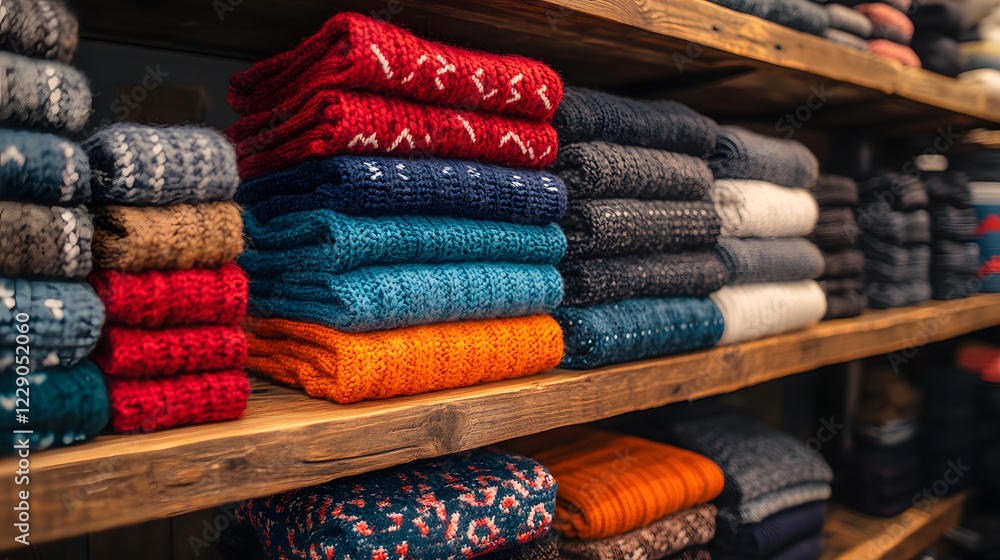 Poster colorful stacks of knitted sweaters displayed on wooden shelves, showcasing various textures and pat