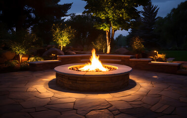 A warm flame flickers, emitting a dim glow in the evening in the middle of the garden around the house.