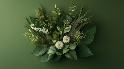 Lush Greenery and White Flowers on Green Background Arrangement