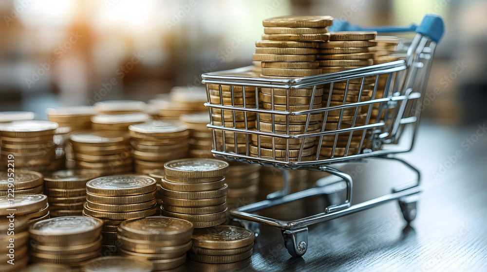 Poster a shopping cart filled with gold coins, surrounded by stacks of coins, representing wealth and comme