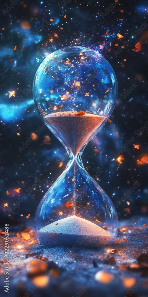 Poster a mesmerizing hourglass set against a cosmic backdrop with floating leaves, symbolizing the passage 