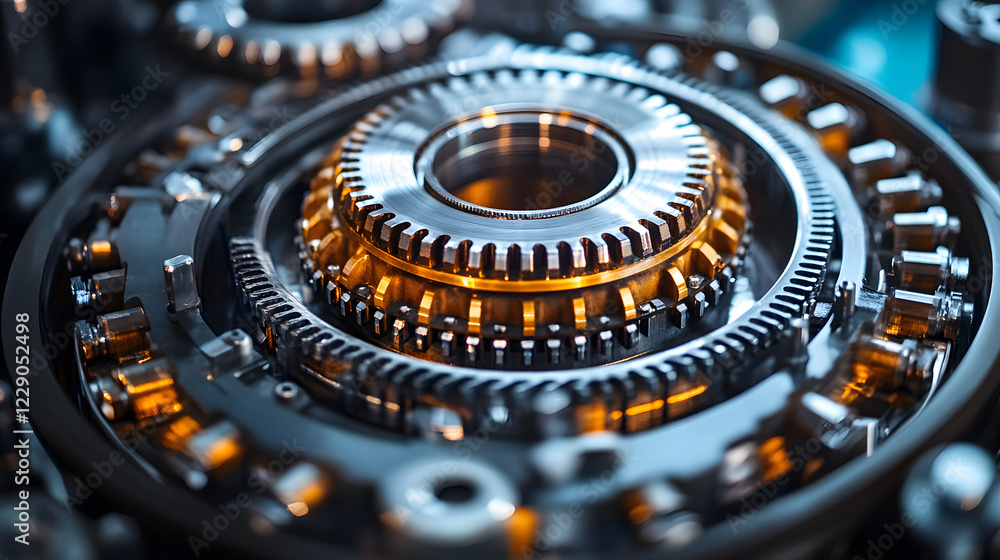 Poster close-up of intricate metallic gears with a glowing background, showcasing detailed engineering and 
