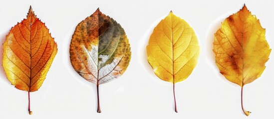 Obraz premium Four autumn leaves in shades of orange and yellow arranged in a row on a white background, AI generated