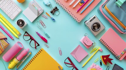 Colorful assortment of stationery, including notebooks, pencils, pens, glasses, and a camera, neatly arranged on a vibrant desk, AI generated