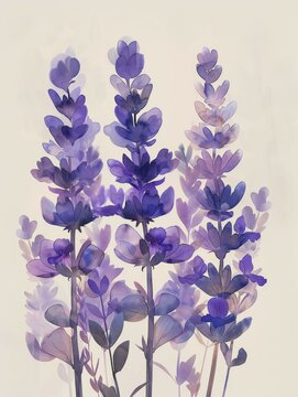 Layered watercolor depiction of purple lavender flowers creating a dreamy and soft effect, AI generated
