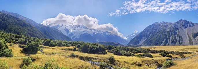 Snowy Mount Cook,Aoraki range and bush landscape, Mount Cook National Park, Southern Alps, South Island, New Zealand, Oceania