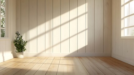 Sunlit empty room with wood floor, white walls, and plant.
