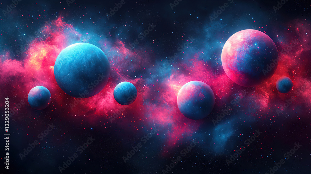 Poster colorful cosmic scene features planets against a vibrant nebula backdrop in deep space. generative a