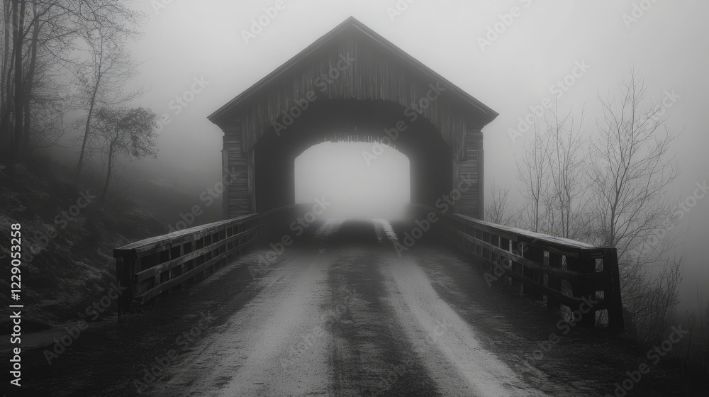 Poster a foggy covered bridge in a misty forest, creating an eerie and mysterious atmosphere with soft, dif