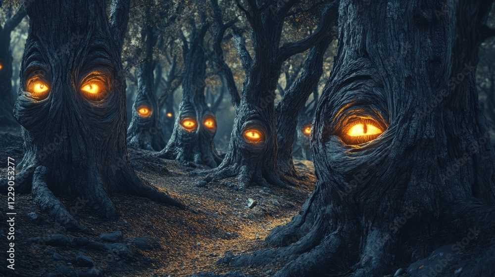 Poster a forest with trees with glowing eyes. the trees are lined up in a row. the trees are very dark and 