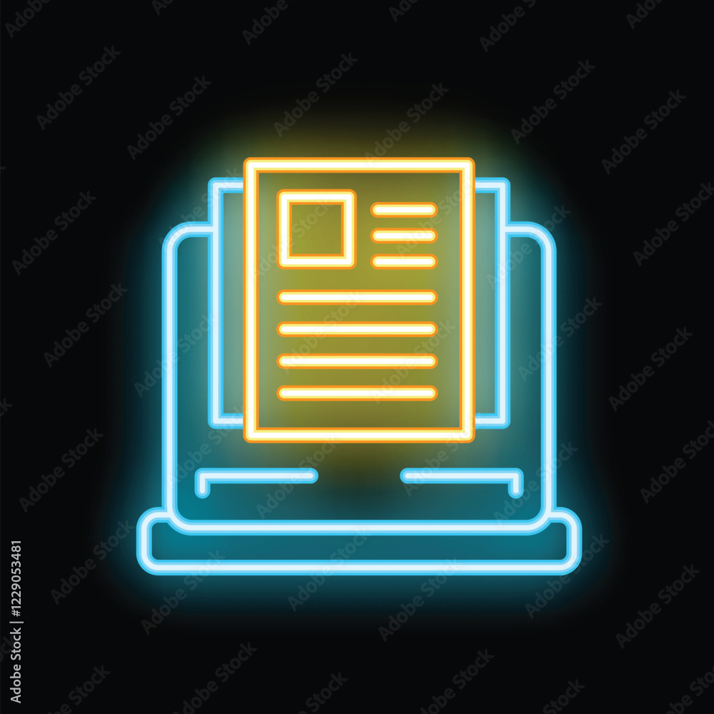Poster glowing neon icon illustrating a document displayed on a laptop screen, symbolizing online content, 